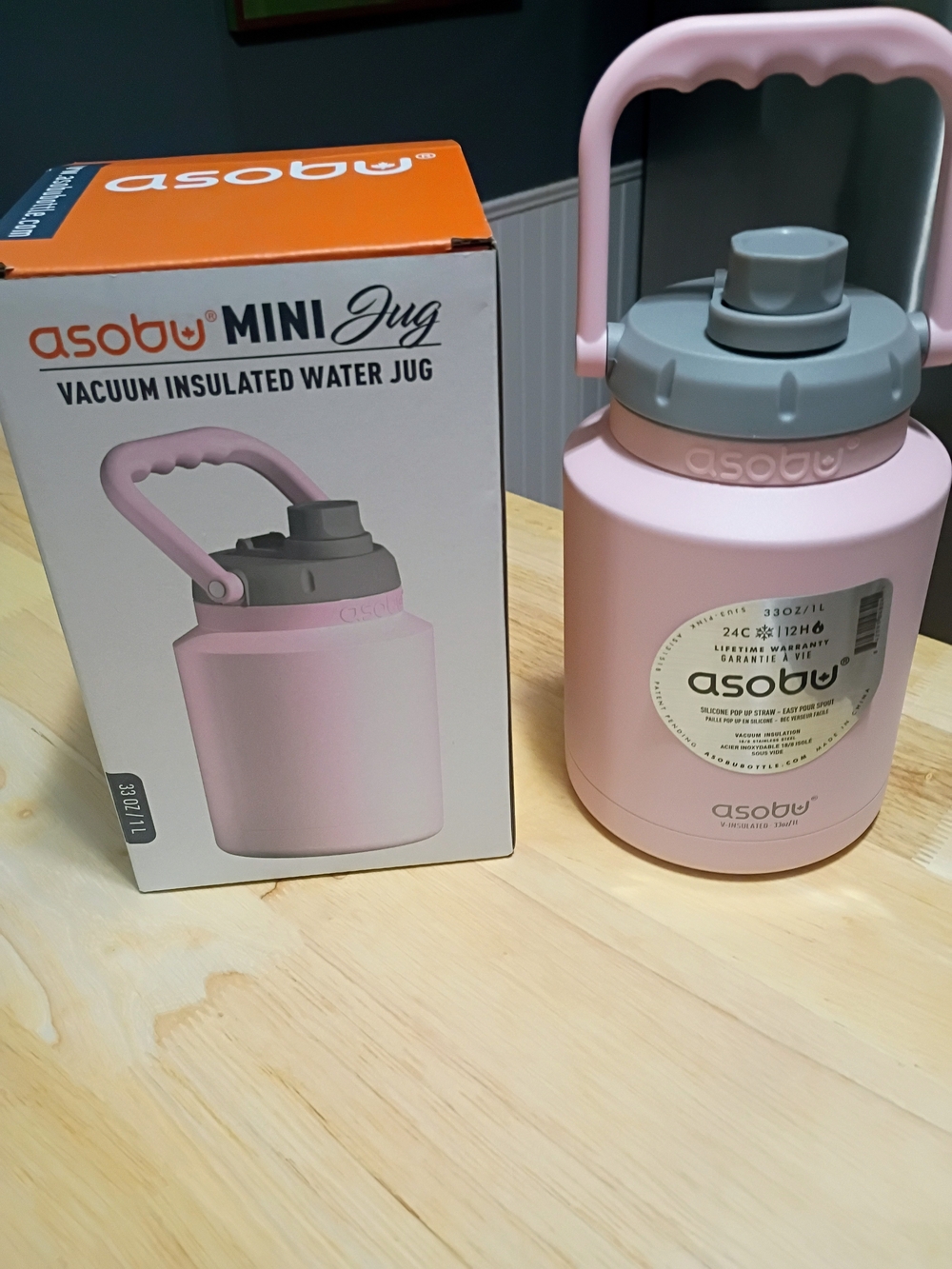 Asobu Mini Jug Vacuum Insulated Water Jug - Pink with Gray Lid